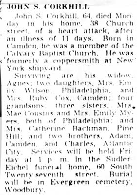 John S. Corkhill obituary, 38 Church Street, Camden Courier-Post, December 17, 1947