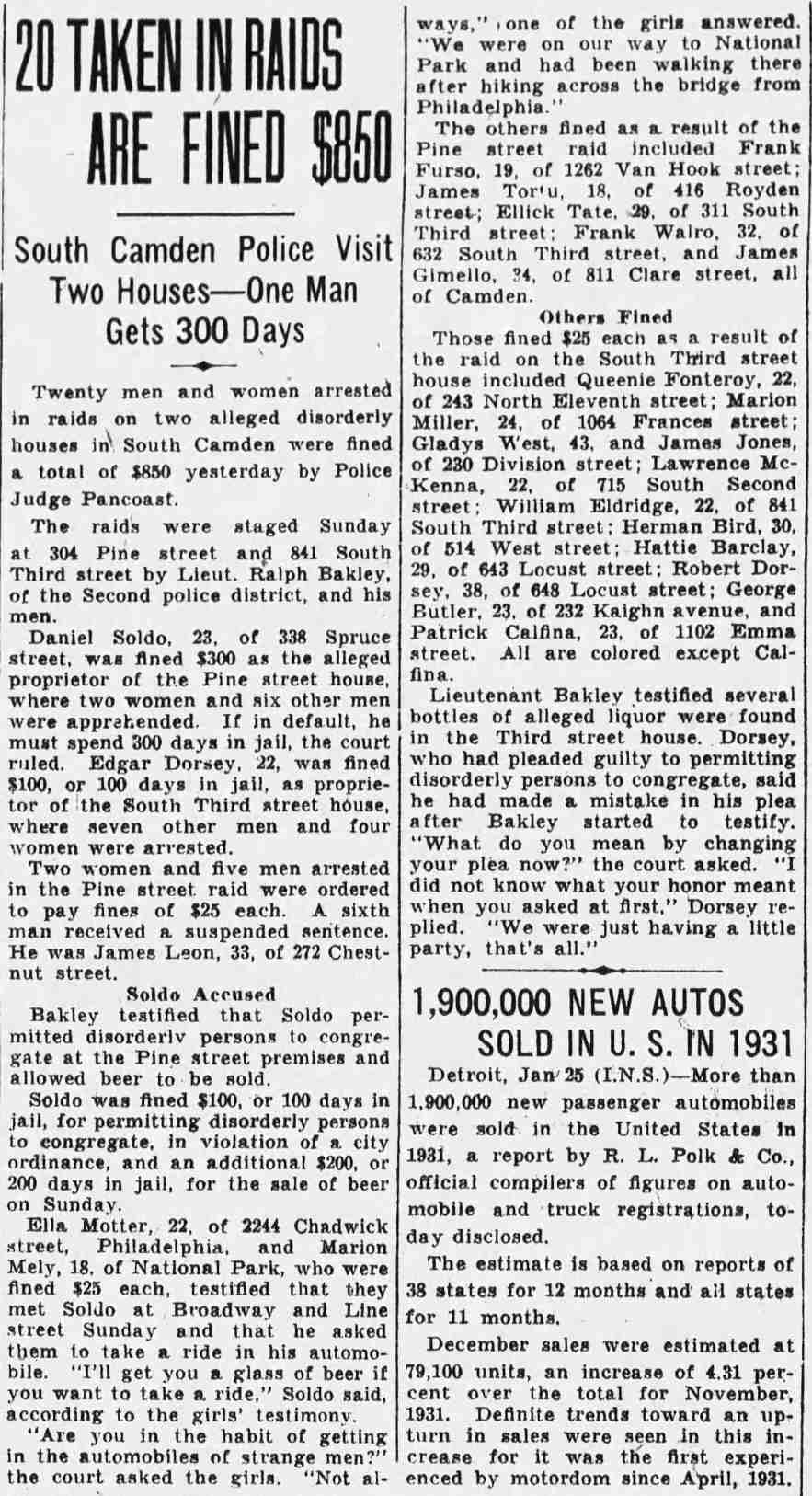 20 Taken in Raids Are Fined $850 — 811 Clare Street, Camden Courier-Post, January 26, 1932