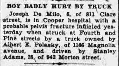 Boy Badly Hurt by Truck — 811 Clare Street, Camden Courier-Post, February 4, 1932