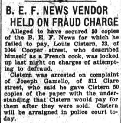 B.E.F. News Vendor Held on Fraud Charge — 811 Clare Street, Camden Courier-Post, August 25, 1932