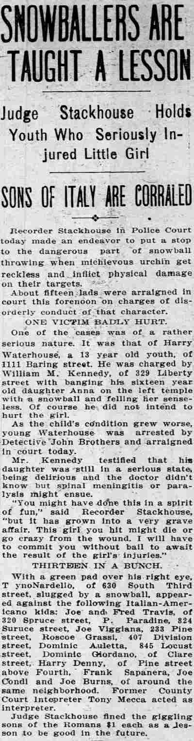 Snowballers Are Taught a Lesson — Dominic Giordano, Clare Street, Camden Daily Courier, March 10, 1914
