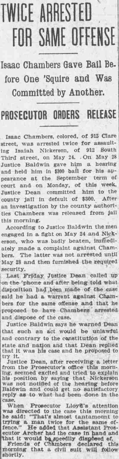 Twice Arrested for Same Offense — Isaac Chambers, 815 Clare Street, Camden Post-Telegram, June 8, 1904