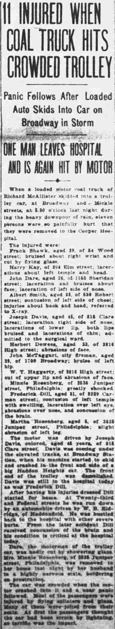 11 Injured When Coal Truck Hits Crowded Trolley — Joseph Davis, 815 Clare Street, Camden Daily Courier, June 15, 1917