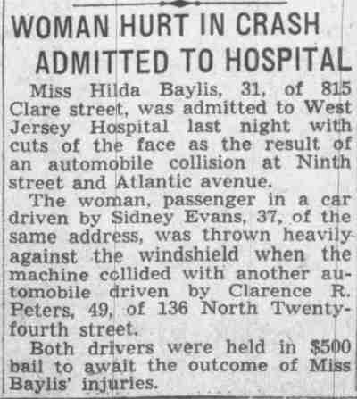 Woman Hurt in Crash Admitted to Hospital — Hilda Baylis, 815 Clare Street, Camden Courier-Post, October 7, 1939