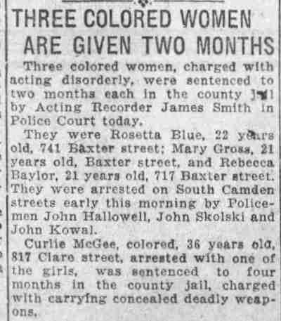 Newspaper clipping: Three Colored Women Are Given Two Months, 1921