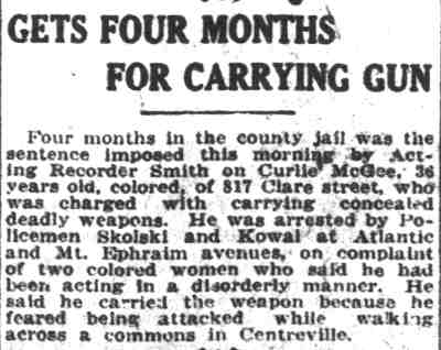Gets Four Months for Carrying Gun — Curly McGee, 817 Clare Street, Camden Post-Telegram, September 17, 1921