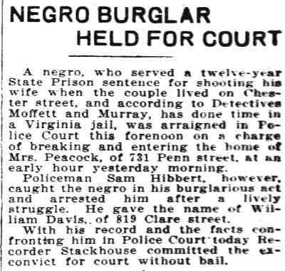 Negro Burglar Held for Court — William Davis, 819 Clare Street, Camden Daily Courier, June 9, 1914