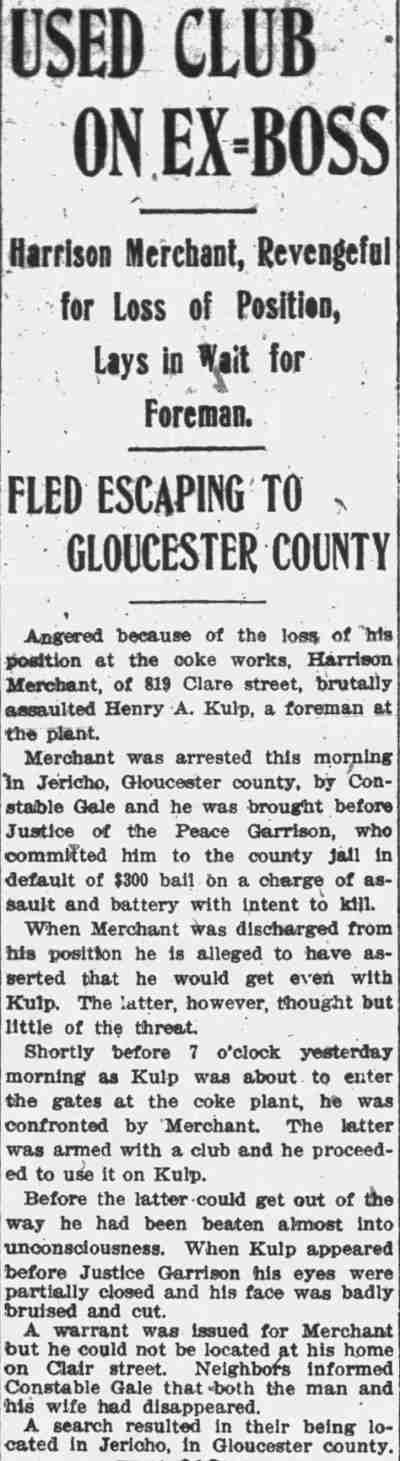 Used Club on Ex-Boss — Harrison Merchant, 819 Clare Street, Camden Post-Telegram, December 19, 1908