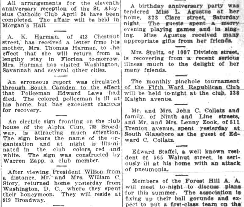 Birthday Anniversary Party — Miss L. Agustus, 823 Clare Street, Camden Post-Telegram, March 31, 1913