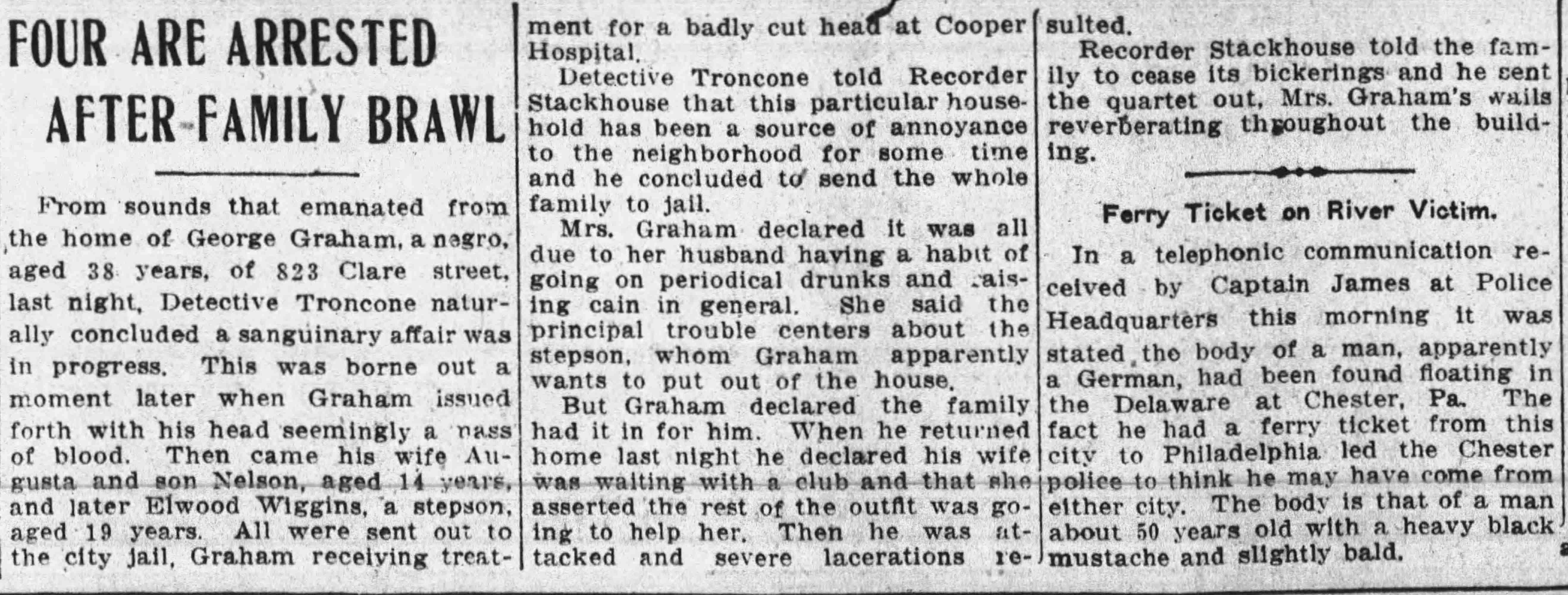 Four Are Arrested After Family Brawl — George Graham, 823 Clare Street, Camden Post-Telegram, June 18, 1915