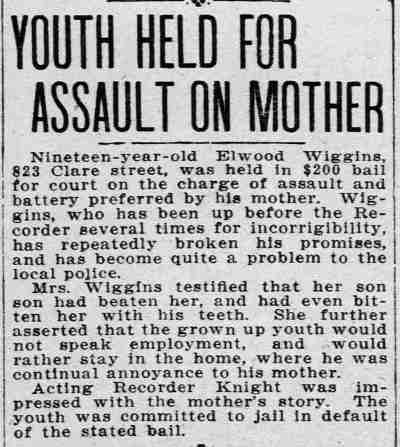 Youth Held for Assault on Mother — Elwood Wiggins, 823 Clare Street, Camden Daily Courier, July 9, 1915
