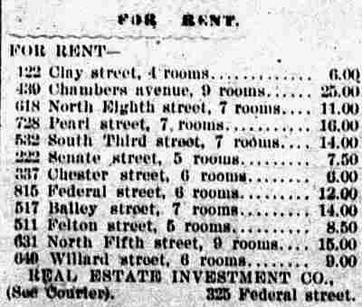 For Rent classified advertisement, Camden Daily Telegram, October 9, 1895 — Real Estate Investment Co., including 430 Chambers Avenue