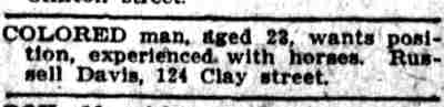Want ad for Russell Davis, 124 Clay Street, Camden Post-Telegram, November 1, 1909