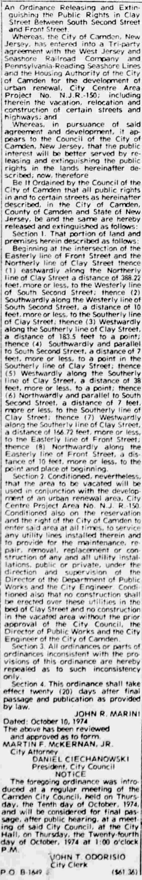 An Ordinance Releasing and Extinguishing the Public Rights in Clay Street — Camden Courier-Post, October 12, 1974