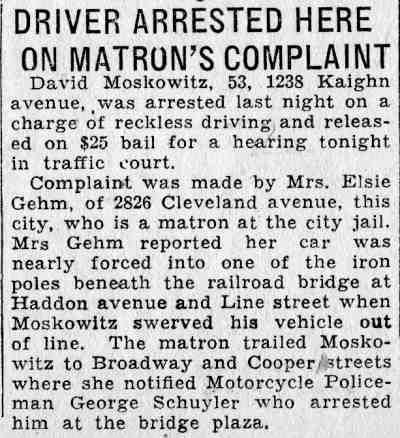 Driver Arrested Here on Matron's Complaint — Mrs. Elsie Gehm, 2826 Cleveland Avenue