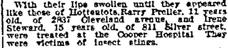 Insect stings — Irene Steward, 811 Silver Street, 1912