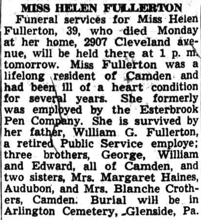 Miss Helen Fullerton obituary — 2907 Cleveland Avenue, Camden Courier-Post, March 12, 1941
