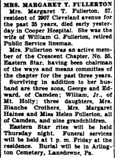 Mrs. Margaret T. Fullerton obituary — 2907 Cleveland Avenue, Camden Courier-Post, September 15, 1936