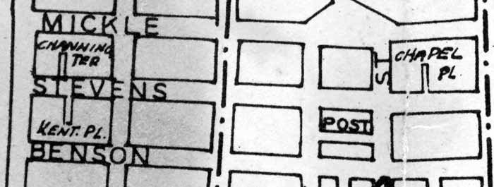 1946 Map — Channing Terrace area; Cleveland Terrace labeled as Kent Place in error