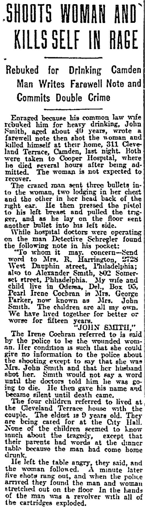 Shoots Woman and Kills Self in Rage, Philadelphia Inquirer, November 8, 1913