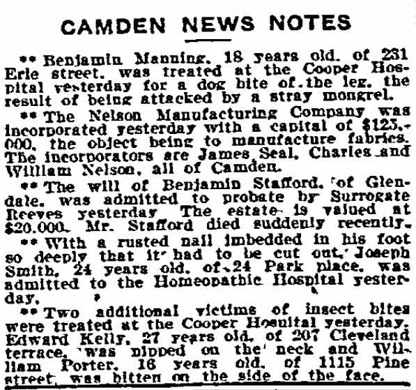 Camden News Notes, Philadelphia Inquirer, July 15, 1908