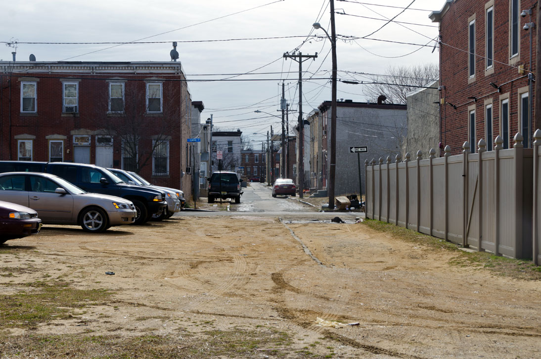 Intersection of Roberts Street and Clinton Street as seen from Clarion Alley, February 14, 2012