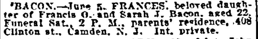 408 Clinton Street, 1914-1931 Francis O. Bacon & Family, Philadelphia Inquirer, June 7, 1922