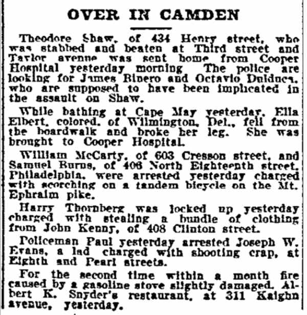 Philadelphia Inquirer, July 31, 1899 — Theodore Shaw of Henry Street stabbed at Third and Taylor