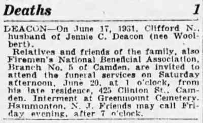 425 Clinton Street, 1931 Clifford N. Deacon & Family, Camden Courier-Post, January 18, 1931