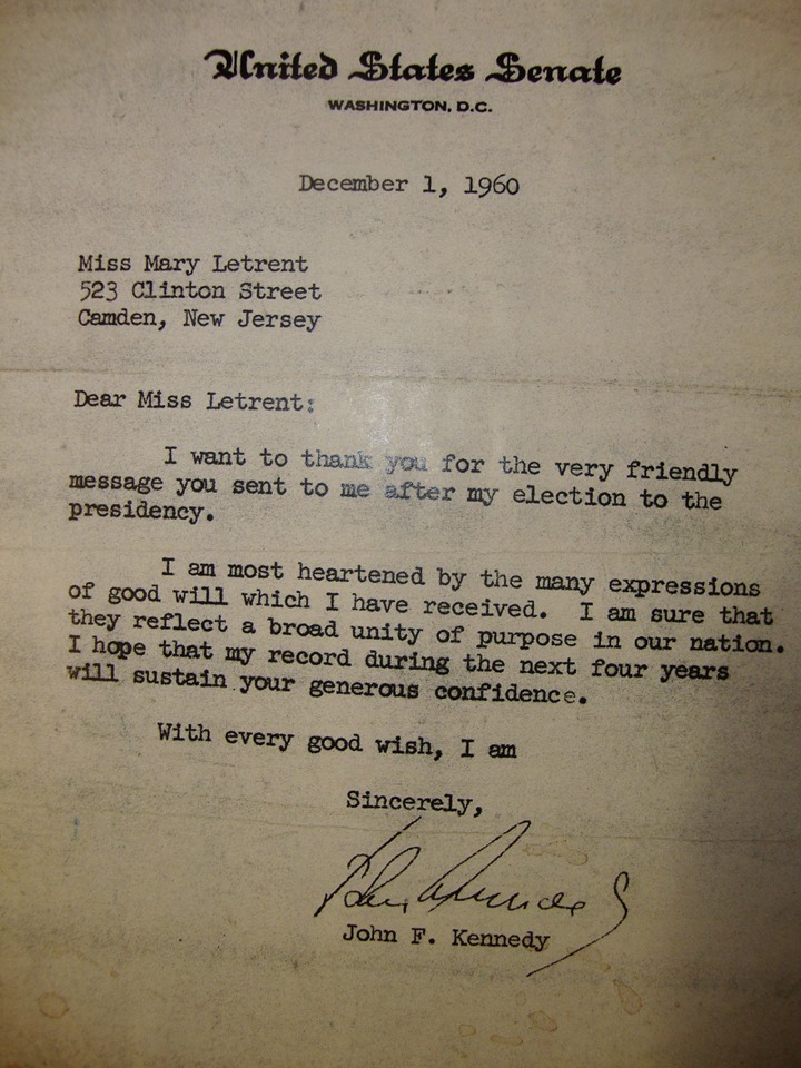 523 Clinton Street, letter from President-elect John F. Kennedy, December 1, 1960