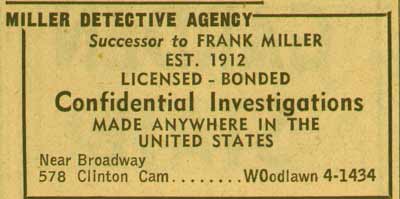 578 Clinton Street, 1955-1959 Miller Detective Agency, New Jersey Bell Telephone Yellow Pages Ad