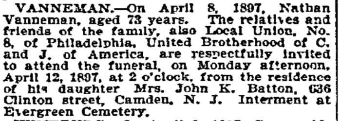 636 Clinton Street, 1885-1908 Nathan Vanneman & Family, Philadelphia Inquirer, April 11, 1897