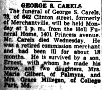 642 Clinton Street, 1921-1964 Ernest Carels & Family, Camden Courier-Post, January 1, 1944