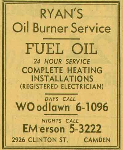 2926 Clinton Street, Ryan's Oil Burner Service, 1955 New Jersey Bell Telephone Yellow Pages Ad