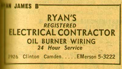 2926 Clinton Street, Ryan's Electrical Contractor, 1955 New Jersey Bell Telephone Yellow Pages Ad