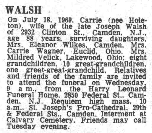 2932 Clinton Street, 1969 Mrs. Carrie Holeton Walsh, Camden Courier-Post, July 21, 1969