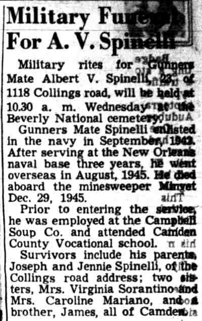 Military Funeral for A. V. Spinelli — Camden Courier-Post, May 14, 1949