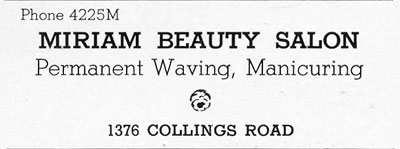 Miriam Beauty Salon, 1376 Collings Road South, 1940