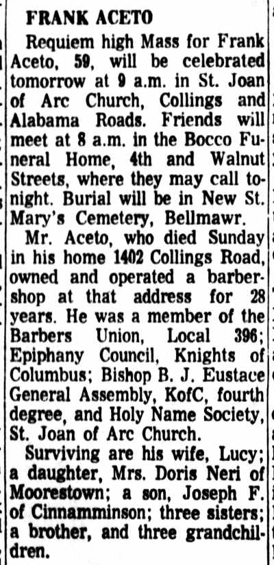 Frank Aceto obituary — Camden Courier-Post, March 23, 1966