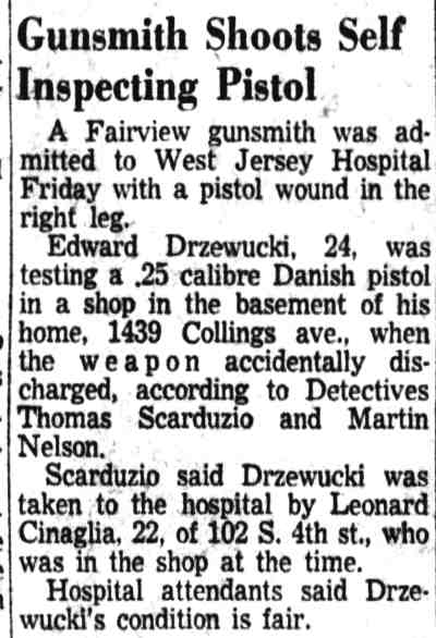 Gunsmith Shoots Self Inspecting Pistol — Camden Courier-Post, May 8, 1954