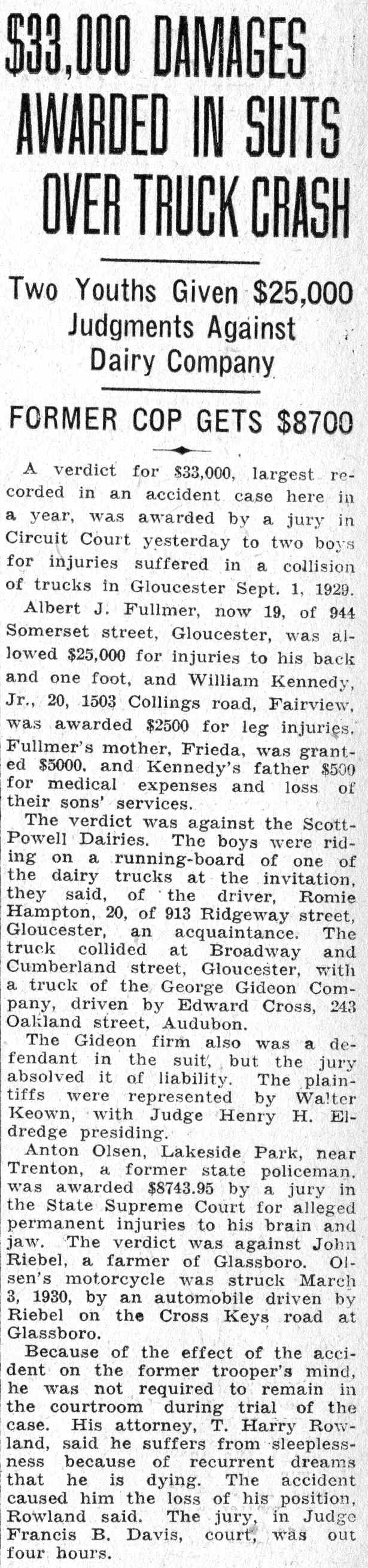 $33,000 Damages Awarded in Suits Over Truck Crash — Camden Courier-Post, June 8, 1932