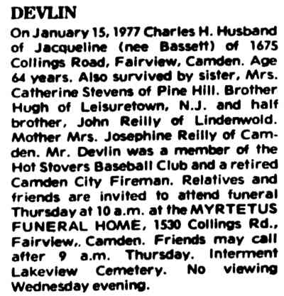 Charles H. Devlin obituary — Camden Courier-Post, January 18, 1977