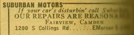 Suburban Motors Yellow Pages ad, 1200 Collings Road South, 1955