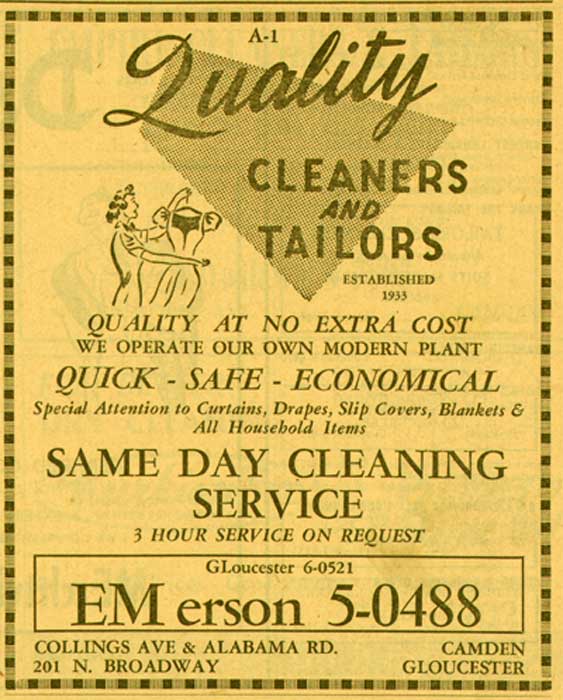 A-1 Quality Cleaners and Tailors Yellow Pages ad, 1406 Collings Road South, 1955