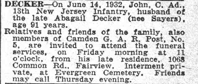 Death notice for John C. Decker, 1068 Common Road, Camden Courier-Post, June 16, 1932