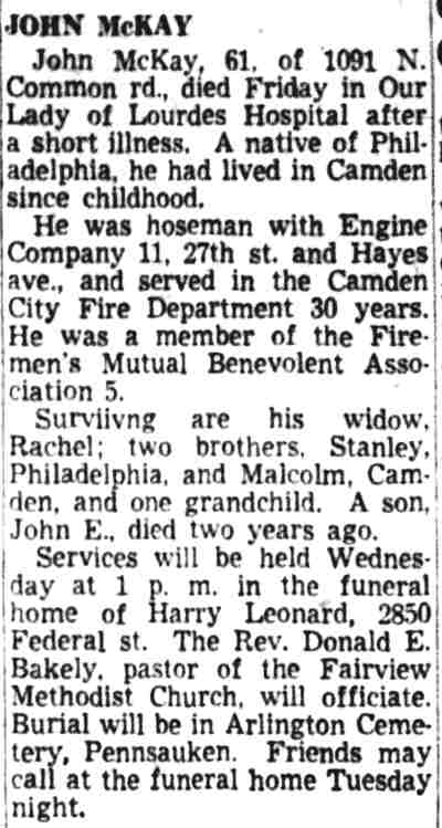 Obituary for John McKay, 1091 N. Common Road, Camden Courier-Post, February 9, 1953