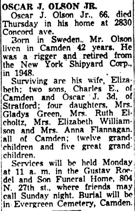 Oscar J. Olson Jr., 2830 Concord Avenue, obituary, December 28, 1957