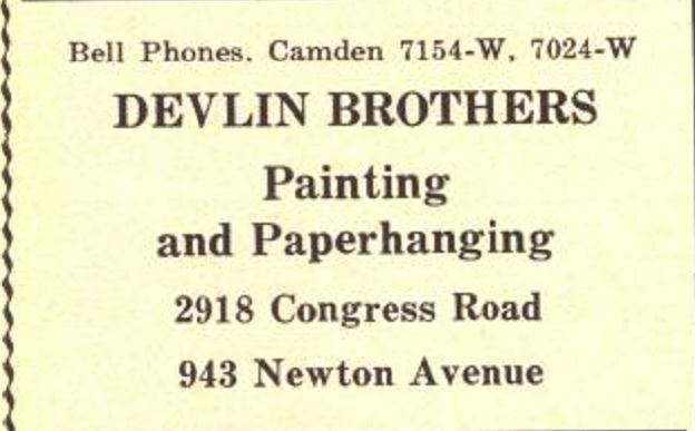 Devlin Brothers Painting & Paperhanging — Camden Catholic High School Mademoiselle Modiste program ad, February 1937