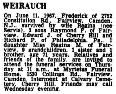 Weirauch obituary, 2752 Constitution Road