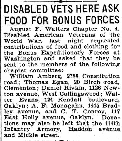 Disabled Veterans request food for Bonus Expeditionary Forces — William Amberg, 2788 Constitution Road